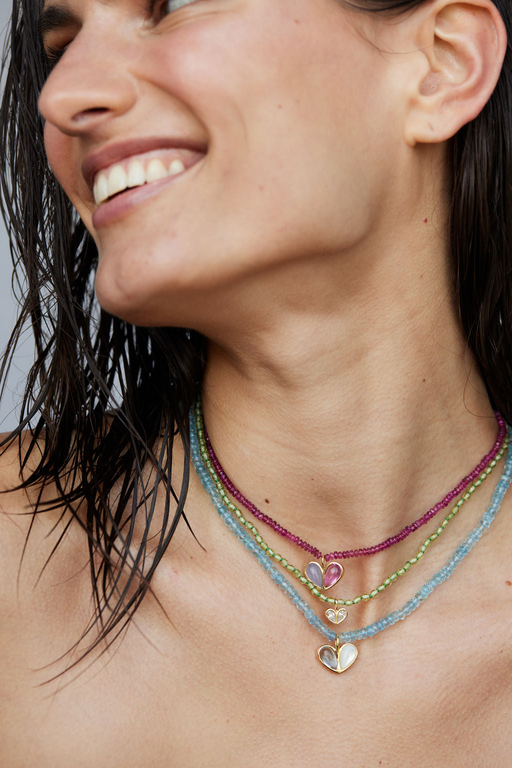 Beaded Sweetheart Necklace Chalcedony & Rubellite