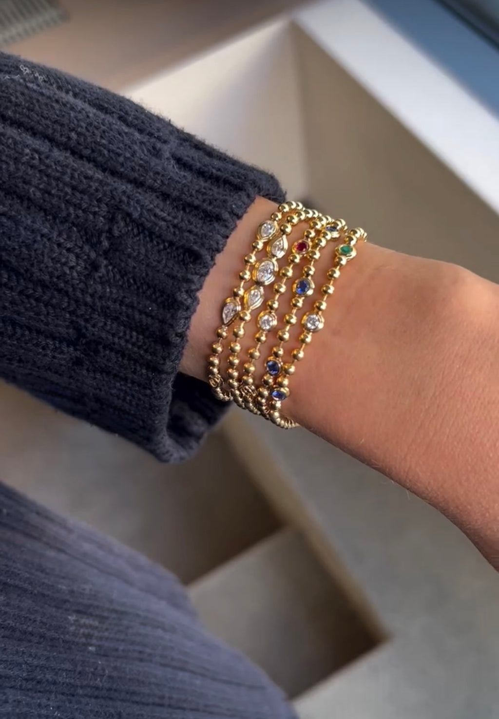 Double Bubble Bezel Blue Sapphire x Diamond x Emerald Bracelet