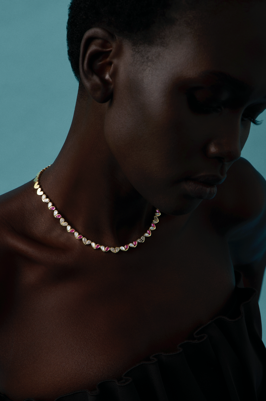 Sweetheart Tennis Necklace Mother of Pearl x Pink Sapphires